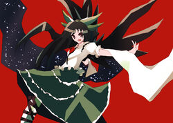  black_hair black_wings brooch female gem green_skirt jewelry looking_at_viewer puffy_short_sleeves puffy_sleeves red_background reiuji_utsuho short_hair short_sleeves simple_background skirt solo takanashi_akihito third_eye touhou wings 