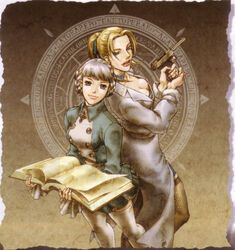  2girls alice_elliot artist_request blonde_hair book grey_hair gun margarete_gertrude_zelle multiple_girls official_art photoshop_(medium) scan shadow_hearts short_hair weapon 