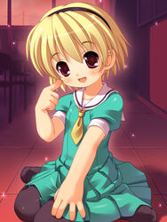  :d akiba_hideki black_pantyhose blonde_hair blush chair dress female finger_to_cheek green_dress hairband higurashi_no_naku_koro_ni houjou_satoko indoors light_particles lolicon looking_at_viewer necktie no_shoes oerba_yun_fang on_floor open_mouth pantyhose puffy_short_sleeves puffy_sleeves red_eyes sailor_collar sailor_dress short_hair short_sleeves sitting smile solo sparkle tile_floor tiles wariza white_sailor_collar window yellow_necktie 