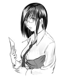  commentary_request copyright_request female glasses greyscale lips monochrome necktie shinobu_(tyno) solo 