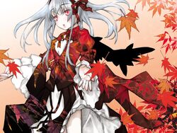  autumn female grey_hair kakashichi leaf long_hair red_eyes rozen_maiden solo suigintou wings 