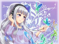  beamed_eighth_notes bug butterfly commentary_request dotted_half_note eighth_note female grey_eyes grey_hair hakkaku_shikimi headphones idolmaster idolmaster_(classic) idolmaster_1 listening_to_music long_hair musical_note quarter_note quarter_rest sharp_sign shijou_takane sixteenth_rest staff_(music) thighhighs treble_clef whole_rest 