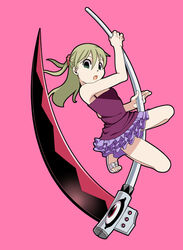  :o alternate_hairstyle bad_id bad_pixiv_id bare_arms bare_shoulders blonde_hair camisole casual female flat_chest floating_hair frilled_skirt frills full_body green_eyes hair_ornament hair_scrunchie half_updo hishiki holding holding_scythe jumping long_hair looking_at_viewer maka_albarn miniskirt pink_background purple_skirt sandals sanpaku scrunchie scythe simple_background skirt solo soul_eater soul_evans white_footwear 