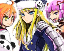  3girls :&lt; :d ahoge angry armor bad_id bad_pixiv_id blonde_hair blue_eyes blunt_bangs buttons choker coat dark_hunter dark_hunter_4 drill_hair flat_chest frown fur_trim gunner_(sekaiju) gunner_2_(sekaiju) hair_ribbon halterneck hat igarashi_ran_(igatz) jack_frost_(megami_tensei) long_hair medic_(sekaiju) medic_2_(sekaiju) multiple_girls naughty_face open_mouth orange_hair panda pet_(sekaiju) pet_4_(sekaiju) purple_eyes purple_hair ribbon sailor_collar sekaiju_no_meikyuu sekaiju_no_meikyuu_2 short_hair sidelocks simple_background smile smiley_face tongue twin_drills twintails upper_body yellow_eyes 