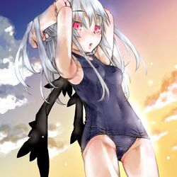  armpits arms_up commentary_request doll_joints female grey_hair highres joints kakashichi long_hair one-piece_swimsuit pink_eyes rozen_maiden school_swimsuit solo suigintou swimsuit wings 