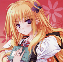  absurdres blonde_hair blush book female hair_ornament hairclip highres kisaragi_mifuyu long_hair moekibara_fumitake purple_eyes school_uniform solo tayutama 