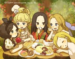  5girls apple black_hair blonde_hair blue_eyes bow brown_eyes cinderella cinderella_(grimm) commentary_request cookie doughnut dress eating food fruit gown green_eyes grimm&#039;s_fairy_tales hairbow japanese_clothes kaguya_hime karaginu_mo kimono layered_clothes layered_kimono macaron mermaid mini_person minigirl monster_girl multiple_girls original pastry princess senbei sleeping sleeping_beauty sleeping_beauty_(character) snow_white snow_white_(grimm) taketori_monogatari the_little_mermaid the_little_mermaid_(andersen) thumbelina yukke 