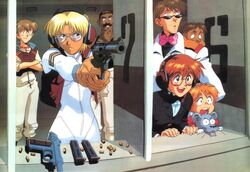  2girls 5boys artist_request blonde_hair blue_eyes brown_hair echo_willan electra_(nadia) fushigi_no_umi_no_nadia glasses gun handgun hanson_(nadia) helmsman_(nadia) highres jean_roque_lartigue king_(nadia) lion magazine_(weapon) marie_en_carlsberg multiple_boys multiple_girls revolver sanson_(nadia) shell_casing sunglasses surprised weapon 