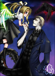  1boy air_(visual_novel) bad_id bad_pixiv_id bird blonde_hair crossover crow female kamio_misuzu long_hair lowres m.u.g.e.n nrvnqsr_chaos straight taijukaren translated tsukihime wings 