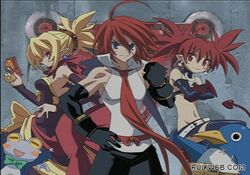  1boy 2girls adell_(disgaea) blonde_hair bow disgaea dress earrings etna_(disgaea) gloves gun jewelry makai_senki_disgaea_2 multiple_girls necktie pointy_ears prinny red_eyes rozalin skull tail tink_(disgaea) weapon wings 