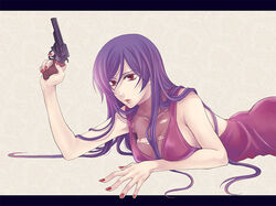  1boy bad_id bad_pixiv_id dress gun gundam gundam_00 handgun hitori_(edge) long_hair male_focus otoko_no_ko purple_hair red_eyes revolver solo tieria_erde weapon 