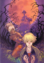  2boys 2girls absurdres artist_request blonde_hair blue_eyes breasts dark_skin earrings feathers hair_ornament highres jewelry johnny_garland killer_(shadow_hearts) lady_(shadow_hearts) large_breasts medium_breasts multiple_boys multiple_girls native_american official_art one_eye_closed photoshop_(medium) scan shadow_hearts shadow_hearts_from_the_new_world shania short_hair yellow_eyes 