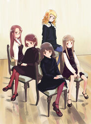  5girls akanegi_atsuko asahina_kyouko_(kita_e) blonde_hair brown_hair commentary_request glasses harada_akari kita_e kitano_suomi mocha_(snowflake) multiple_girls pantyhose photoshop_(medium) shiraishi_karin sitting 