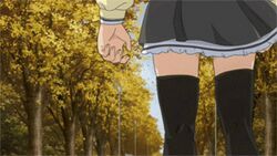  animated animated anime_screenshot female leaf lowres myself_yourself outdoors school_uniform skirt solo thighhighs wakatsuki_shuri wind 