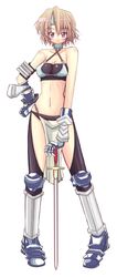  bahamut_lagoon blush boots commentary_request female gauntlets headband highres jeanne_(bahamut_lagoon) loincloth midriff sai_koro solo sword thighs weapon 