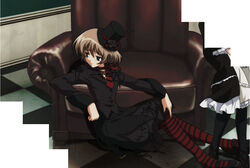  anime_screenshot belt black_dress brown_hair dress female frills goth_fashion hat lace myself_yourself necktie ribbon short_hair skirt stitched third-party_edit wakatsuki_shuri 