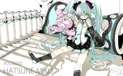  aqua_eyes aqua_hair bandage_over_one_eye bandaged_hand bandages bare_shoulders black_sleeves body_horror cel_shading character_name collared_shirt commentary_request detached_sleeves eyepatch female frilled_shirt frills green_eyes grey_shirt hair_over_one_eye hatsune_miku highres long_hair looking_at_viewer monitor necktie number_tattoo on_bed one_eye_covered pale_skin piano_keys railing serious shirt shoulder_tattoo sitting skirt sleeveless sleeveless_shirt socks solo spark_plug speaker stuffed_animal stuffed_toy tattoo tsumi_to_batsu_(vocaloid) twintails usb vertical_mouth very_long_hair vocaloid yume_koreshiki 