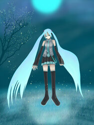  absurdres aqua_eyes aqua_hair bad_anatomy commentary_request female hatsune_miku highres kuma_panda long_hair moon photoshop_(medium) skirt solo thighhighs tree twintails vocaloid zettai_ryouiki 