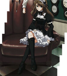  anime_screenshot belt black_dress bow brown_hair dress female frilled_skirt frills fujimura_yuzuki goth_fashion green_eyes kneehighs lace long_hair long_sleeves myself_yourself skirt socks solo_focus stitched third-party_edit 