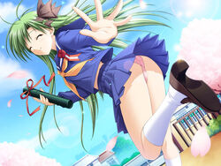  cherry_blossoms female game_cg green_hair kneehighs long_hair panties pantyshot pink_panties really?_really! school_uniform scroll shigure_asa shuffle! smile socks solo suzuhira_hiro underwear 