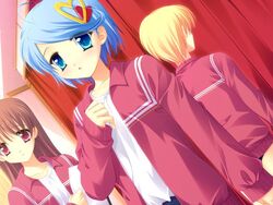  3girls blonde_hair blue_hair brown_hair buruma dutch_angle game_cg gym_uniform hair_ornament hairpin honeycoming_royalsweet imageboard_desourced jacket long_hair matsushita_makako multiple_girls non-web_source ogata_mio red_eyes short_hair 