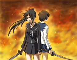  2girls back-to-back black_hair brown_hair ga-rei ga-rei_zero isayama_yomi katana kiropin long_hair multiple_girls photoshop_(medium) ponytail purple_eyes school_uniform short_hair sword tsuchimiya_kagura weapon 