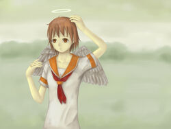  angel bad_id bad_pixiv_id brown_eyes brown_hair female haibane_renmei halo highres kuma_panda messy_hair neckerchief orange_sailor_collar rakka_(haibane) red_neckerchief sailor_collar short_hair solo static_cling wings 