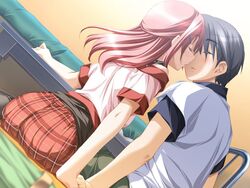  1boy ashita_no_kimi_to_au_tame_ni ass blush closed_eyes couple desk female game_cg holding_hands kissing kurashima_tomoyasu pink_hair plaid plaid_skirt skirt straight wakamiya_asuka 