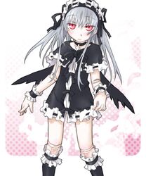  black_dress commentary_request doll_joints dress female gothic_lolita grey_hair hairband highres joints kakashichi kneehighs lolita_fashion long_hair pink_eyes rozen_maiden socks solo suigintou wings wristband 