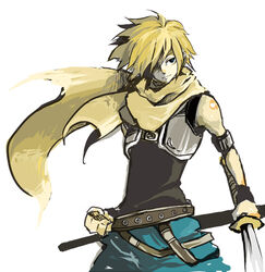  1boy bad_id bad_pixiv_id bahamut_lagoon blonde_hair blue_pants byuu holding holding_sword holding_weapon male_focus pants scarf simple_background smirk solo sword upper_body uzaki_(jiro) weapon white_background yellow_scarf 