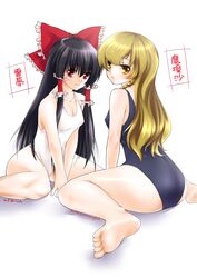  2girls bad_id bad_pixiv_id barefoot black_hair blonde_hair breasts cleavage feet hakurei_reimu highres kirisame_marisa long_hair medium_breasts multiple_girls one-piece_swimsuit reona school_swimsuit sitting swimsuit touhou white_one-piece_swimsuit 