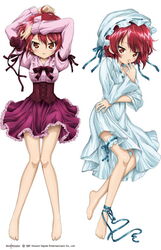  arms_up artist_request barefoot blush bonnet bow bridal_garter dakimakura_(medium) dress feet female finger_in_own_mouth hat hijiri_misaki jpeg_artifacts licking licking_finger lingerie lying mini_hat mini_top_hat multiple_views nightgown orange_eyes red_hair ribbon saint_october short_hair top_hat underwear 