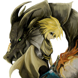  1boy bad_id bad_pixiv_id bahamut_lagoon blonde_hair byuu dragon green_eyes male_focus scarf solo sword uzaki_(jiro) weapon 