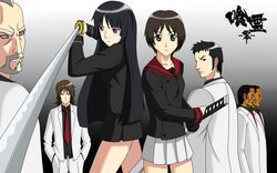  2girls 5boys blunt_bangs ga-rei ga-rei_zero highres iizuna_noriyuki isayama_yomi iwahata_kouji katana multiple_boys multiple_girls nabuu_brothers sakuraba_kazuki sword tsuchimiya_kagura weapon 