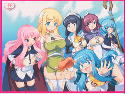  6+girls black_hair blonde_hair blue_eyes blue_hair blush blush_stickers boned_meat breasts cape duplicate food henrietta_de_tristain highres huge_breasts long_hair louise_francoise_le_blanc_de_la_valliere meat multiple_girls official_art pentacle photoshop_(medium) pink_eyes pink_hair pointy_ears saliva short_hair siesta_(zero_no_tsukaima) skirt staff sylpheed tabitha_(zero_no_tsukaima) thighhighs tiffania_westwood usatsuka_eiji zero_no_tsukaima 