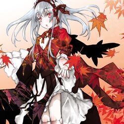  autumn commentary_request female grey_hair highres kakashichi leaf long_hair red_eyes rozen_maiden solo suigintou wings 