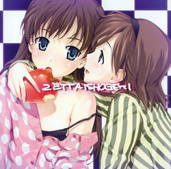  2girls blue_eyes bra brown_hair green_eyes happoubi_jin honma_natsume iseshima_aya lingerie multiple_girls pajamas photoshop_(medium) polka_dot polka_dot_pajamas striped underwear vertical_stripes yuri zettai_shougeki 