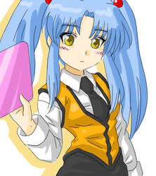  black_necktie blush commentary_request ebi_tendon employee_uniform female folder holding hoshino_ruri kidou_senkan_nadesico long_hair looking_at_viewer necktie photoshop_(medium) sidelocks simple_background solo twintails uniform vest white_background yellow_eyes 