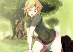  1boy androgynous bad_id bad_pixiv_id blonde_hair blue_eyes bottomless comrade_stalin link male_focus one_eye_closed open_mouth otoko_no_ko photoshop_(medium) pointy_ears socks solo the_legend_of_zelda tree 