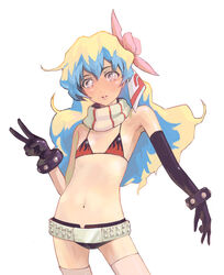  belt bikini bikini_top_only commentary_request cosplay female flat_chest flower gloves guitar_(guitars) hair_flower hair_ornament long_hair midriff multicolored_hair nia_teppelin no_shirt photoshop_(medium) pink_thighhighs scarf shorts solo swimsuit tengen_toppa_gurren_lagann thighhighs v yoko_littner yoko_littner_(cosplay) 