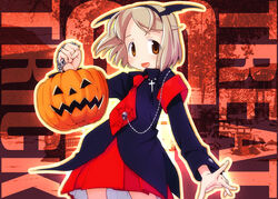  blonde_hair brown_eyes chains cross female halloween home_room jack-o&#039;-lantern nagatsuki_misoka necktie pumpkin short_hair skirt solo trick_or_treat 