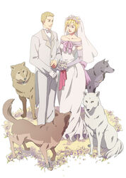  1boy animal blonde_hair bridal_veil bride canine cher_degre commentary_request couple dress esukee female flower gloves hige hubb_lebowski kiba lipstick makeup multiple_dogs straight toboe tsume tuxedo veil wedding wedding_dress wolf wolf&#039;s_rain 