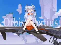  bare_legs blue_sky closed_eyes cloud female floating_city full_body long_hair long_sleeves mary_janes mof mof&#039;s_silver_haired_twintailed_girl original shoes silver_hair sitting sky solo text_focus twintails very_long_hair 