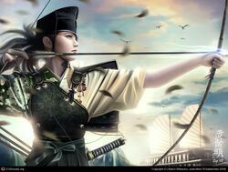  2008 3d archery armor arrow_(projectile) bad_cgsociety_id bad_id bad_link bird black_hair boat bow_(weapon) cloud drawing_bow eyeshadow facial_mark feathers female fighting_stance fingerless_gloves floral_print gloves glowing hakama hakama_skirt hat holding holding_arrow holding_bow_(weapon) holding_weapon japanese_armor japanese_clothes katana kimono kyuudou legend_of_the_five_rings lips lipstick long_hair makeup mario_wibisono motion_blur muneate outdoors outstretched_arm partially_fingerless_gloves ponytail profile realistic ribbon rope sash sheath sheathed shoulder_armor single_glove skirt sky sode solo sun sunset sword tsuruchi_saya upper_body watercraft weapon yellow_eyes yugake yumi_(bow) 