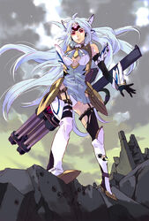  android blue_hair boots commentary_request damaged female gloves gun highres kos-mos kos-mos_ver._4 long_hair machine_gun ozaki_kaori panties photoshop_(medium) red_eyes ruins solo thigh_boots thighhighs underwear weapon xenosaga xenosaga_episode_iii 