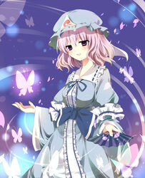  bad_id bad_pixiv_id blue_dress bug butterfly cherry_blossoms dress female hand_fan hat ichigo_miruku pink_eyes pink_hair saigyouji_yuyuko smile solo touhou triangular_headpiece 