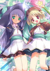  2girls alternate_hairstyle blonde_hair blue_hair commentary_request green_eyes hat houtou koihime_musou long_hair multiple_girls red_eyes shokatsuryou short_hair twintails uya_(munyu) very_long_hair witch_hat 