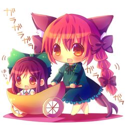  2girls :d animal_ears blush bow braid brown_eyes brown_hair cat_ears cat_tail chibi chocolat_(momoiro_piano) commentary_request hair_ornament hairbow kaenbyou_rin kozure_ookami long_hair multiple_girls multiple_tails open_mouth parody red_hair reiuji_utsuho smile tail touhou twin_braids twintails walking wheel wheelbarrow 