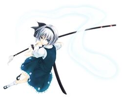  black_hairband blue_eyes cofi_(eternal) commentary_request female ghost grey_hair hairband hitodama katana konpaku_youmu konpaku_youmu_(ghost) mary_janes shoes short_hair solo sword tassel touhou weapon 