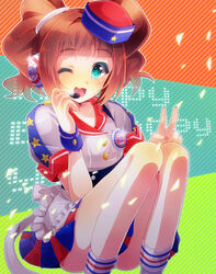  81_(mellowry) :3 :d apron aqua_eyes blush brown_hair burger_skater_(idolmaster) commentary_request female fingernails green_eyes hat headset idolmaster idolmaster_(classic) looking_at_viewer one_eye_closed open_mouth photoshop_(medium) short_hair sitting smile solo star-shaped_pupils star_(symbol) symbol-shaped_pupils takatsuki_yayoi twintails v waist_apron waitress wrist_cuffs 